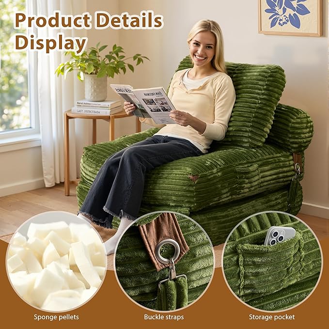 75'' Foldable Sofa Bed Convertible Sleeper Sofa with Pillow Boneless Corduroy Foldable Couch Bed Single Sleeper Chair for Small Spaces Living Room Bedroom StudioGreen