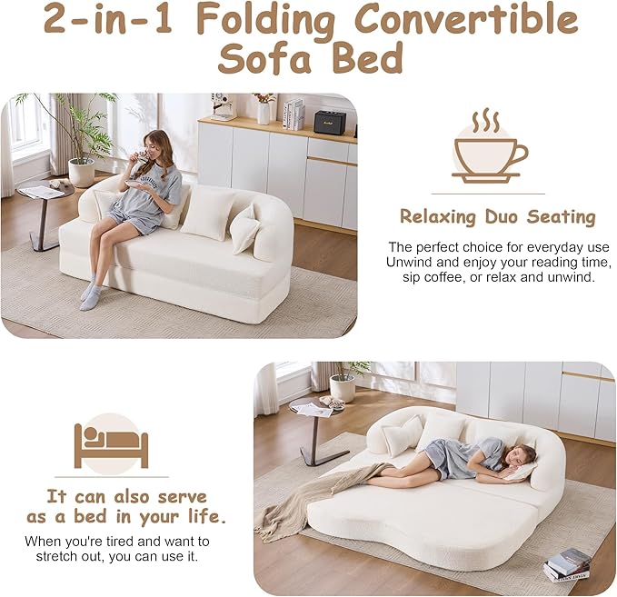 70Convertible Folding Sofa Bed 2-in-1 Boneless Loveseat Couch Wood-grain Soft Chenille with 4 Pillows Sleeper Sofa Love Seat Small Couch for Small Spaces Living Room Bedroom No Assembly