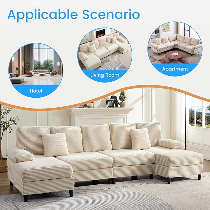 PUREMIND Sectional U Couches for Living Room U Shaped Sofa with Double Chaise Lounge and Sleepable Armrests Corduroy 4 Seater Sectional Sofa Living Room Furniture