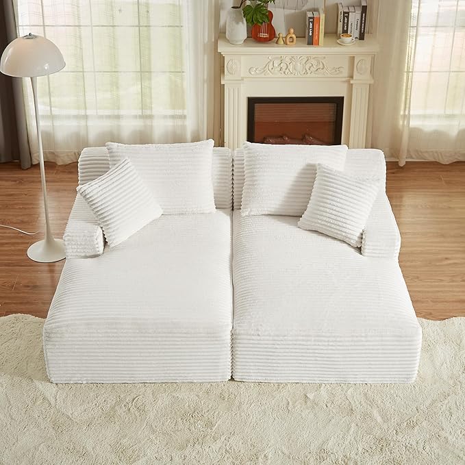 Oversized Double Chaise Lounge Chair Indoor Fluffy Upholstered Corduroy Sofa Bed with Throw Pillows Comfy Sleeper Deep Seat Sectional Loveseat Sofa Couch for Living Room (Beige)
