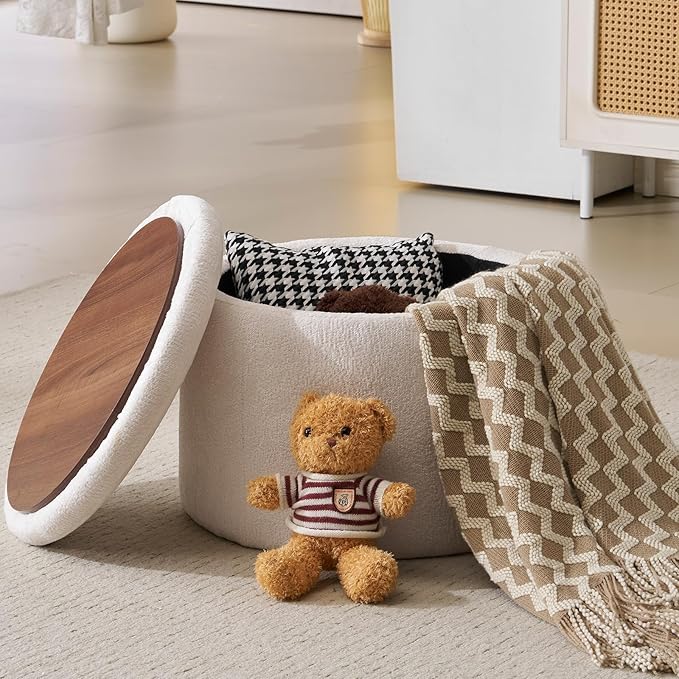 Modern Round Storage Ottoman Chenille Ottoman Foot Stools Ottoman Footstool with Removable Lid Storage Ottoman for Living Room Multi-Functional Footrest White