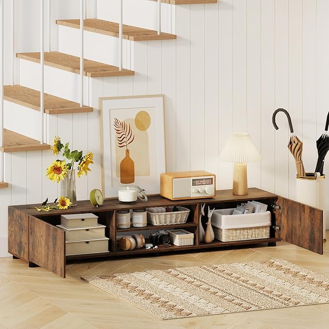 Tangkula Modern TV Stand for up to 70” TVs 63”L Minimalist Entertainment Center w/ 2 Doors &amp Open Shelves Media Console Table Storage Cabinet with 6 Support Feet for Living Room (Rustic Brown 6