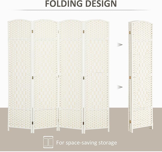 HOMCOM Room Divider 6 Ft 4 Panel Folding Privacy Screen Hand-Woven PP Wall Partition with Pine Wood Frame Freestanding Room Separator for Bedroom Home Office No Assembly White