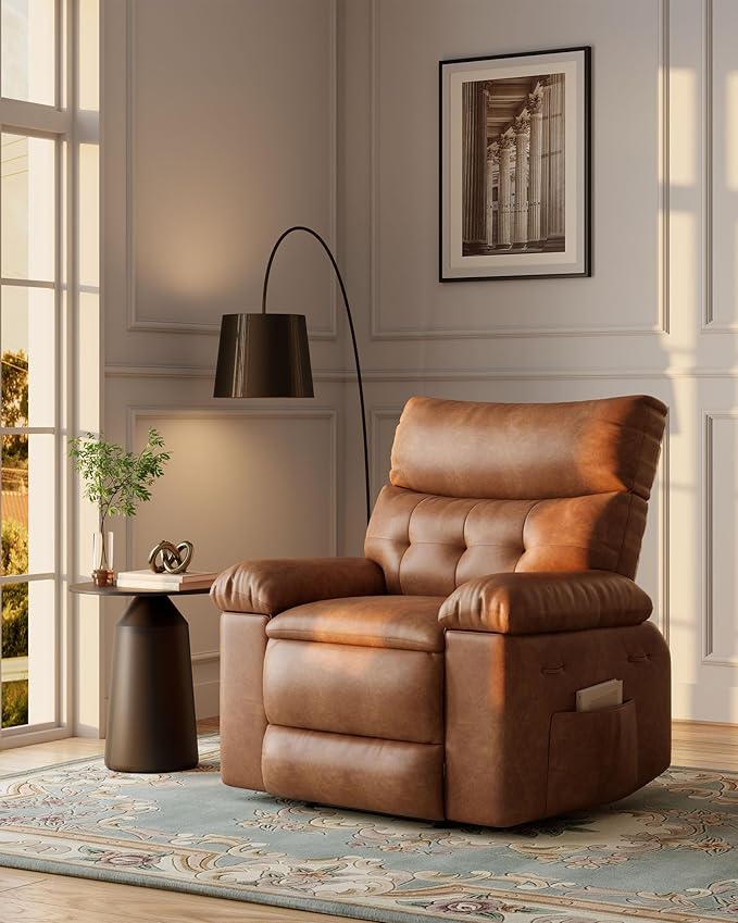Garvee Recliner Chair Oversized Reclining Sofa Adjustable Manual Recliner Lounge Chair with Massage &amp Heat - Retro Brown