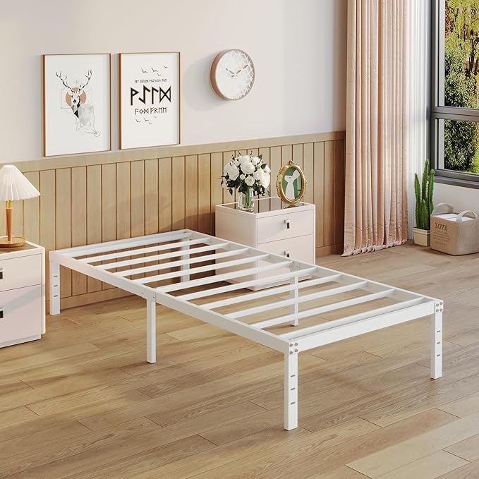 14 Inch Twin Bed Frames No Box Spring Needed Heavy Duty Metal Twin Platform Bed Frame with Large Underbed Storage Space Noise Free Easy Assembly White