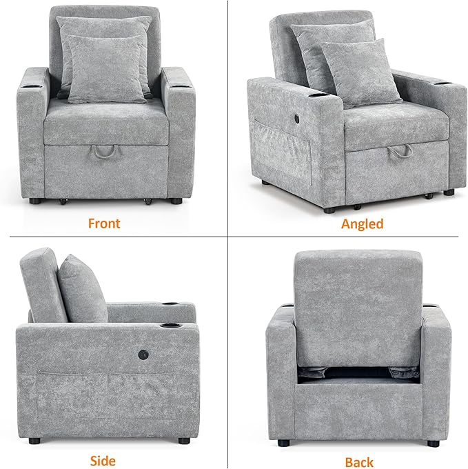 MCombo Convertible Sleeper Chair Bed 3-in-1 Folding Sofa Chair with Adjustable Backrest Pull-Out Bed with USB Port Cup Holders Linen Fabric for Small Spaces Living Room Guest Room Office VN6001