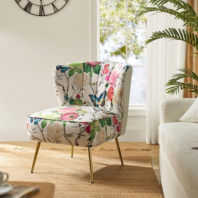 HULALA HOME Accent Chair with Golden Metal Legs Comfy Tufted Wingback Living Room Chair Floral Fabric Small Armless Side Chair Upholstered Slipper Chair for Bedroom Reading Room Flower Print