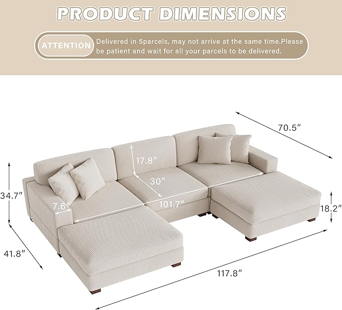 117.8 U Shaped Modular Sectional Sofa with Ottoman Comfy Corduroy Fluffy Couch with Deep Seat Flexible Module Combination for Living Room and Office Beige