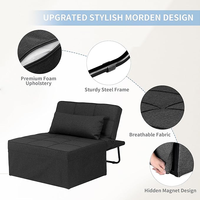Ainfox Convertible Sofa Bed 4 in 1 Multi-Function Folding Ottoman Bed with Adjustable Backrest Modern Futon Couch No Assembly for Living Room Apartment Office Small Space (Black)