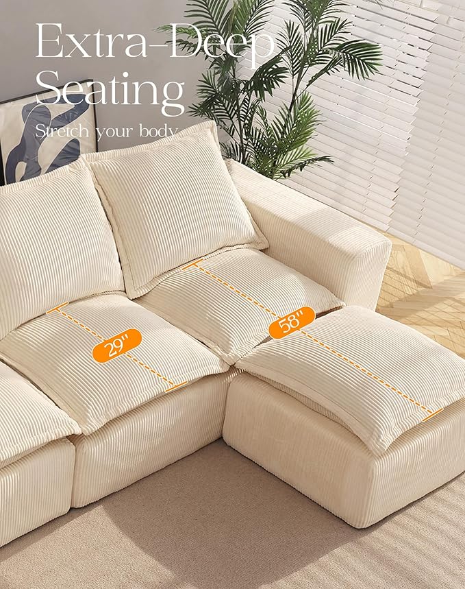 107 Comfy Cloud Couch with L-Shape Chaise &amp Deep Seat Modular Sectional Sofa in a Box Boneless Upholstered Couches for Living Room No Assembly Required (Soft Corduroy Beige)