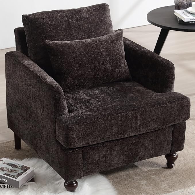 Oversized Accent Chair with Lumbar Pillow Upholstered Side Chairs for Living Room Bedroom Comfy Reading Chairs for Adults with Wide Seat Thick Cushion Soft Chenille (Black)