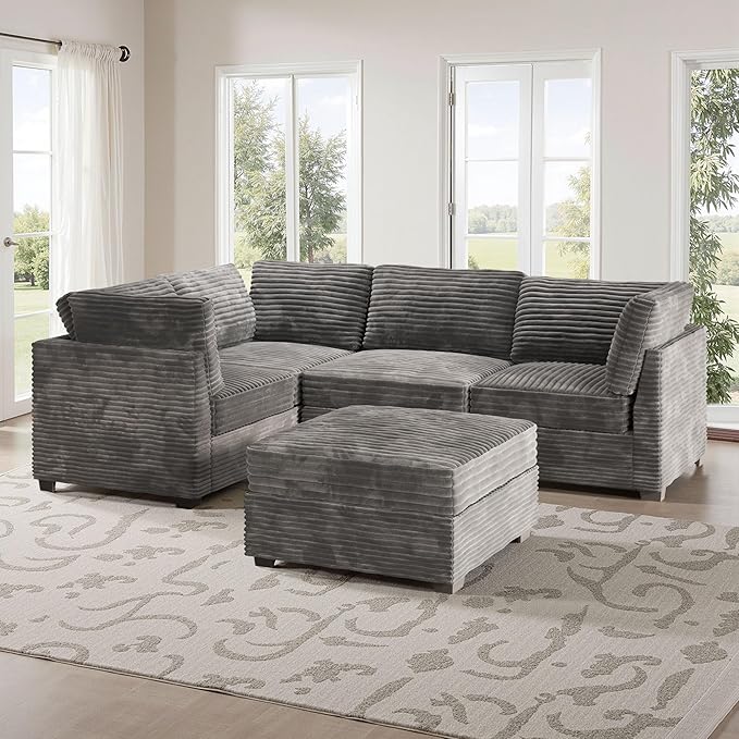Modular Sectional Couch for Living Room5 Seat Sectional SofaL Shaped Cloud Couch with Ottoman Chaise Set Gray
