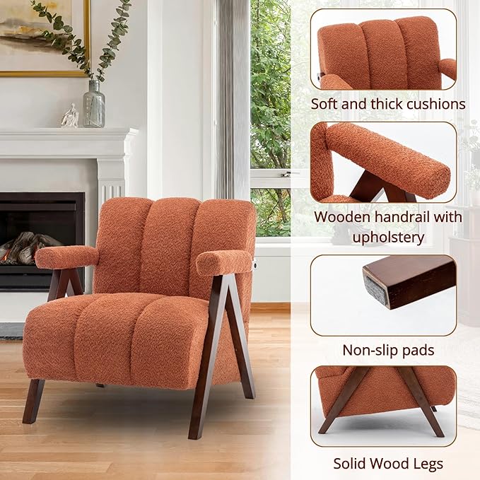 Mid Century Modern Accent Chairs Set of 2 with Solid Wood Frame Boucle Upholstered Living Room Chairs with Thick Cushion Comfy Tufted Arm Chair for Bedroom Orange