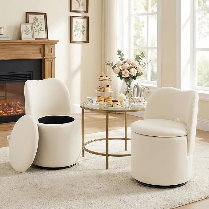 Swivel Velvet Vanity Chair with Storage Upholstered Vanity Stool with Back Sherpa Vanity Stool Chair Round Makeup Chair Swivel Accent Chair Barrel Armchair Soft Padded Seat for Living Room Bedroom