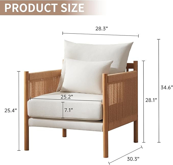 VKNOW Braid Armchair Boho Accent Chair with Solid Wooden Backrest and Armrest Rattan Chair with Waist Pillow for BedroomLiving RoomReading Room Beige