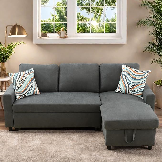 FONTOI Sofa Bed Pull Out Couch Convertible L Shaped Sleeper Sofa with Storage Chaise Modern Lounge Small Sectional Couches for Living Room Small Spaces Grey