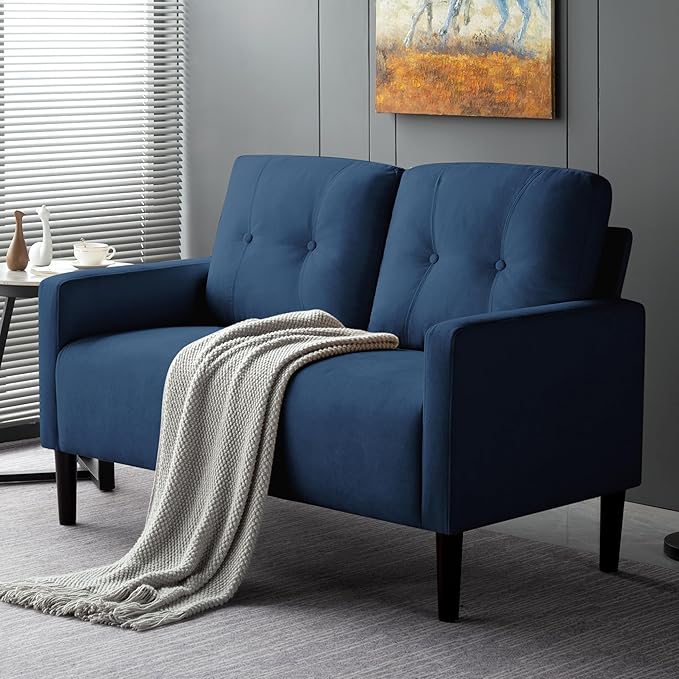 Loveseat Sofa Small Couch for Small Spaces Modern Linen Fabric 2-Seater Sofa with Solid Wood Legs Easy Assembly Apartment Couch for Living Room Office (Blue)