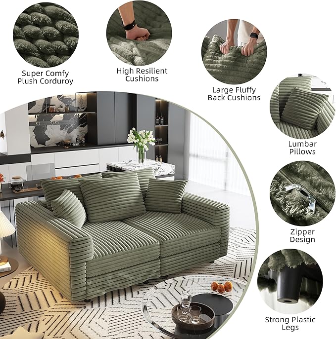 Cloud L Shaped Couch Modular Sectional Sofa 3 Seater Corduroy Cloud Sofa Couch with Ottoman 82.7'' Oversized Chaise Lounge Sleeper Sofas Deep Seat Sectional Couches for Living Room Green