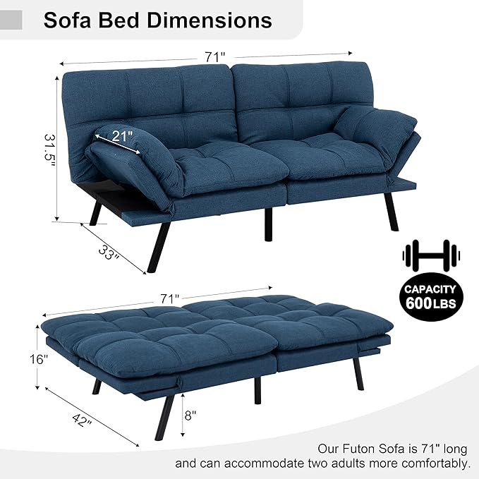 MUUEGM Futon Sofa Bed 71 Comfortable Memory Foam Futon Sofa with Adjustable Backrest &amp ArmrestsConvertible Folding Loveseat Recliner Sleeper Sofa Bed for Compact Living Room Apartment Office
