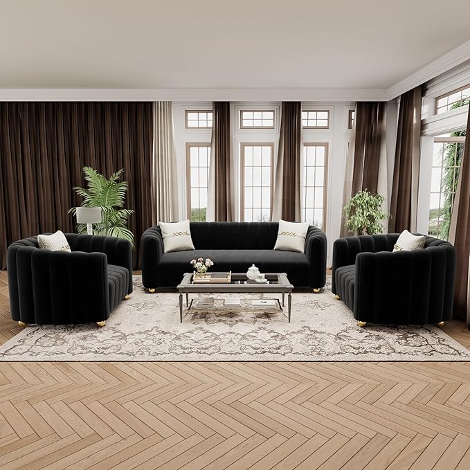 42 Velvet Sofa Chair for Living Room Modern Single Sofa with Gold Metal Sphere Legs (Black-1 Seater)