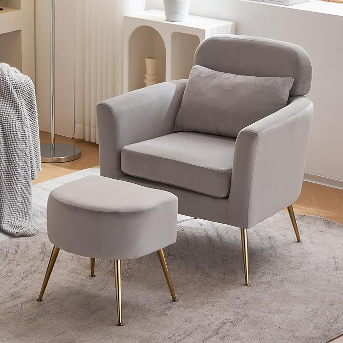 Accent Chair Light Gray Chair with Ottoman Comfy ArmChair Footrest Set Comfortable Living Room Chairs Club Tub Sofa Chair for Reading Room Lazy Chair with Ottoman Accent Lounge Chair with Footstool