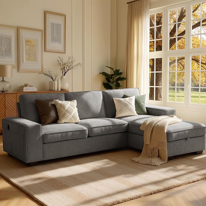 99 Sectional Sleeper Sofa Couch Chenille Convertible Chaise 3 Seats L-Shaped Sofa with 110L Storage Deep SeatWide ArmrestUSB Type-C ChargingRemovable Covers for Living Room Light Grey
