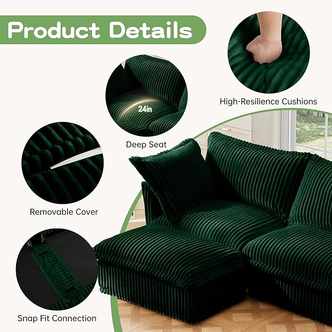 Modular Accent Armchair with Ottoman and Pillows Soft Corduroy Lounge Chair for Living Room Bedroom or Reading Nook – Oversized Chaise Lounge Design (Green Chair+Ottoman)