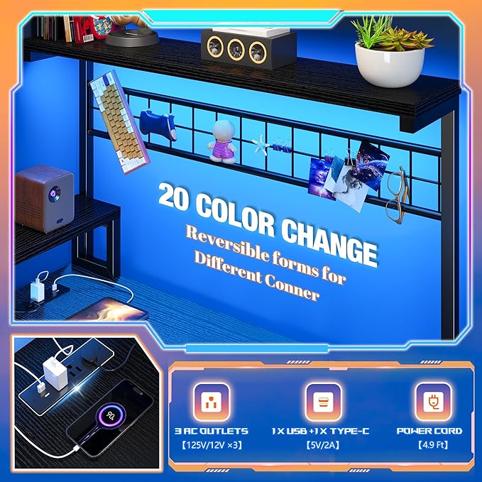 EnHomee 56 Medium L Shaped Gaming Desk with LED &amp Power OutletsComputer Desk with Monitor Stand &amp Print Stand for Home OfficeReversible Corner Gaming Table with Storage Shelf &amp HooksBl