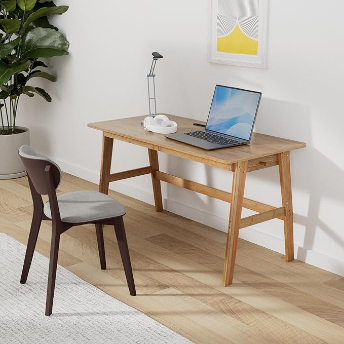 Dicunoy Computer Desk with 2 Drawers 46 Solid Bamboo Home Office Writing Desk for Small Space Compact Simple Tables with Gap Design and Hook for PC Laptop Students Study Makeup Bedroom