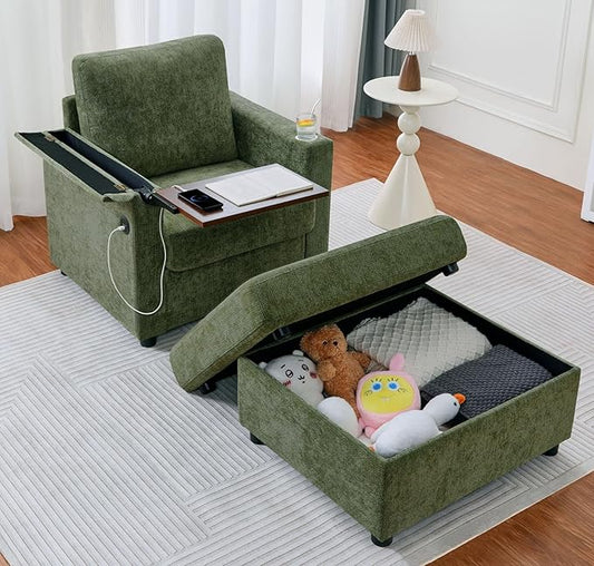 34.25 Accent Chairs with Storage Ottoman Set Upholstered Living Room Chairs for Reading Chair with Chaise Lounge Chairs Indoor Comfortable Armchair for Bedroom (Green 34.25)