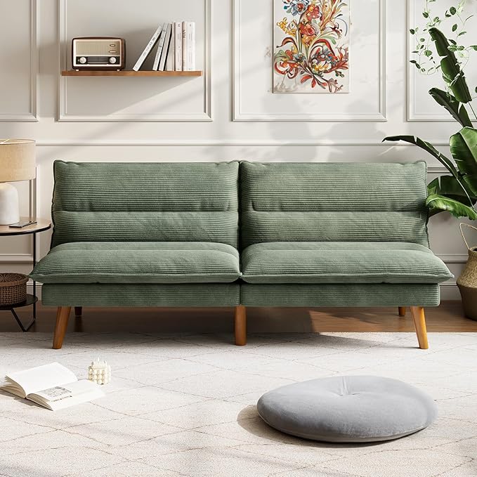 LINSY Futon Sofa Bed: Corduroy Futon Couch with Adjustable Backrest Comfy Loveseat Convertible Folding Sleeper Sofa Couches for Small Spaces Living Rooms Apartment Office Green