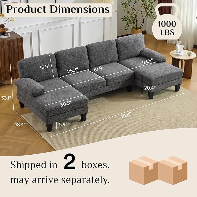 Karl home 110 U-Shape Sectional Couches for Living Room Chenille Upholstery 4 Seat Sofa Set with Double Chaises &amp Wood Grain Legs for Apartment Dark Grey