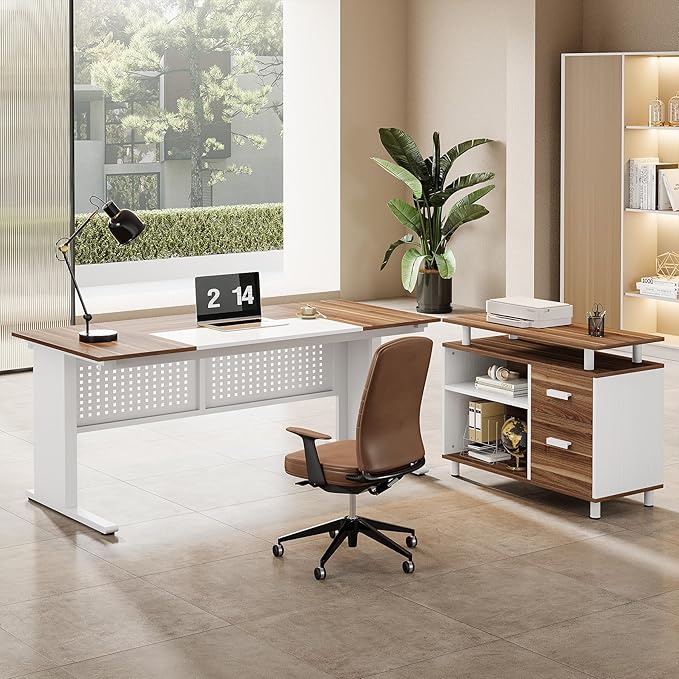 Tribesigns 63-Inch L-Shaped Executive Desk with Storage Shelves Large Office Computer Desk with Drawers and File Cabinet Industrial Business Workstation for Home Office Walnut and White
