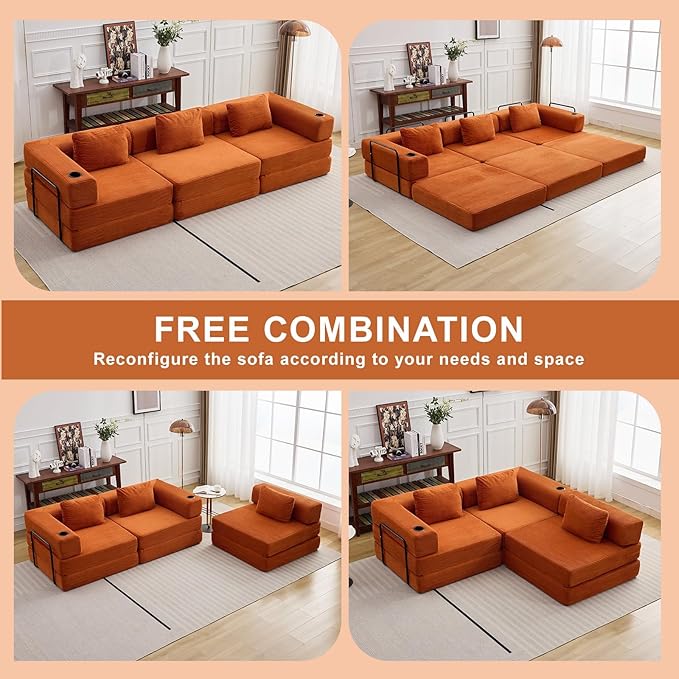 118 Oversized Sectional Couches Convertible Floor Sofa Bed with Cup Holder Boneless Foldable Mattress Cloud Couch with Pillow Back &amp Armrest for Living Room Bedroom Lounge(Corduroy Orange)