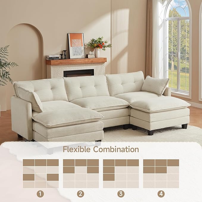 Modular Sectional Sofa 111.5 U-Shaped Corduroy Comfy Sectional Couches for Living Room 3-Seater Cloud Couches with 2 Movable Ottomans Flexible Combination Modern Deep Seat Sofa (Beige)