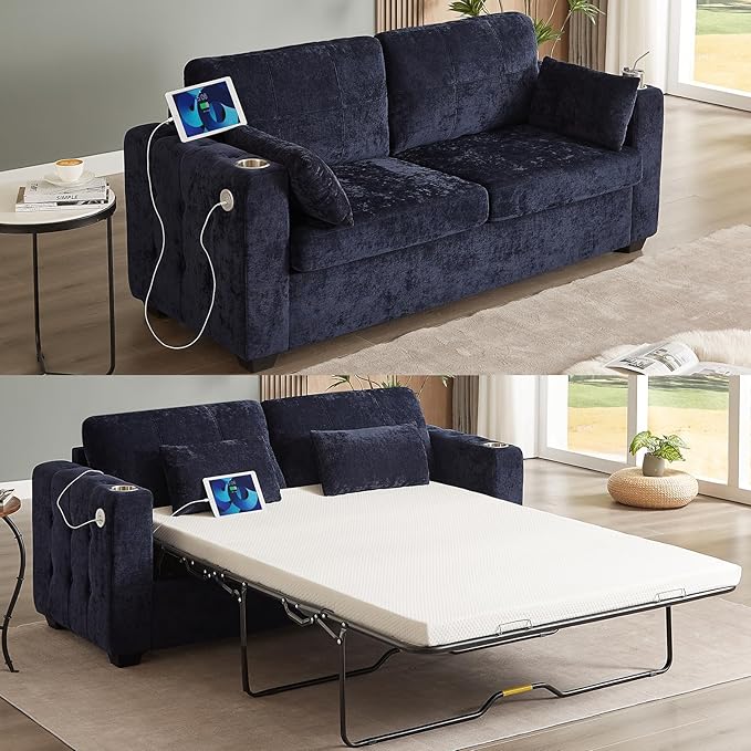 ONBRILL Pull Out Sofa Bed Chenille Full Size Sleeper Sofa Bed with Cup Holder and USB Port 76 inch Couch Bed with Memory Foam Button Tufting Loveseat Couch for Living Room Blue