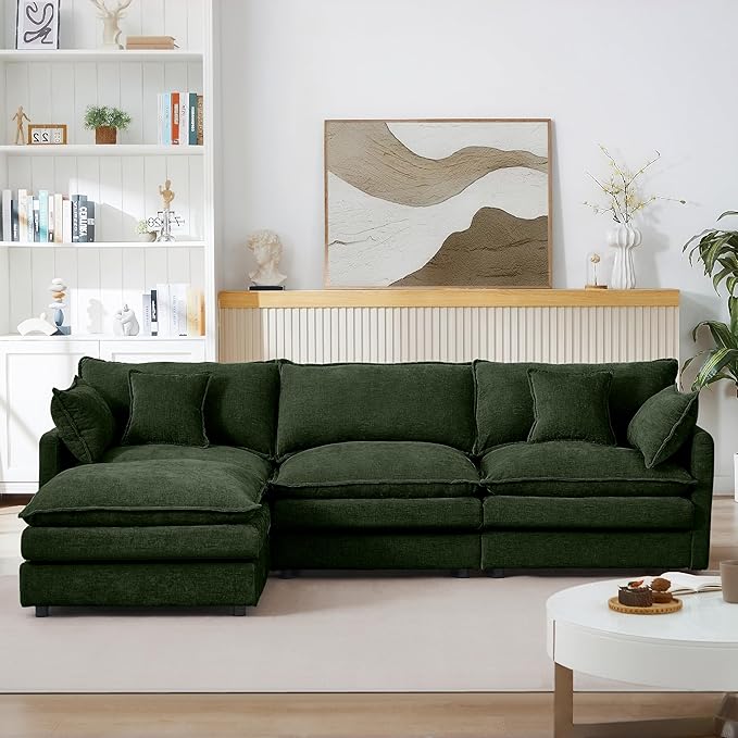 Green Sectional Modular Sofa Cloud Couch 105 Modern Convertible L-Shape Sofa Deep 3-Seater Soft Chenille Comfy Upholstered with Removeable Ottoman Set and Removable Cushions for Living Room
