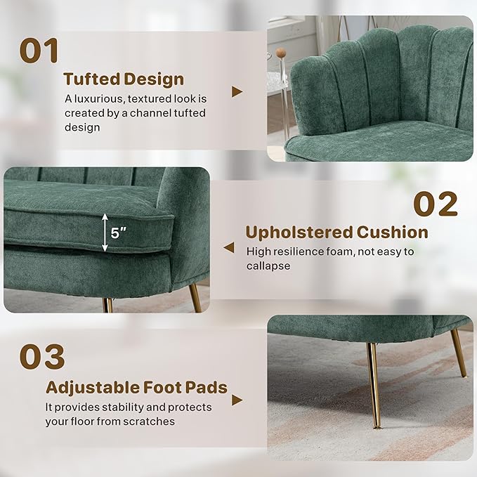 Mlmh &amp Kngwa 59 Small Chenille Loveseat Sofa 2 Seater Couch Settee with Gold Metal Legs Comfy Upholstered Floral Mini Sofa for Bedroom Living Room Apartment Green