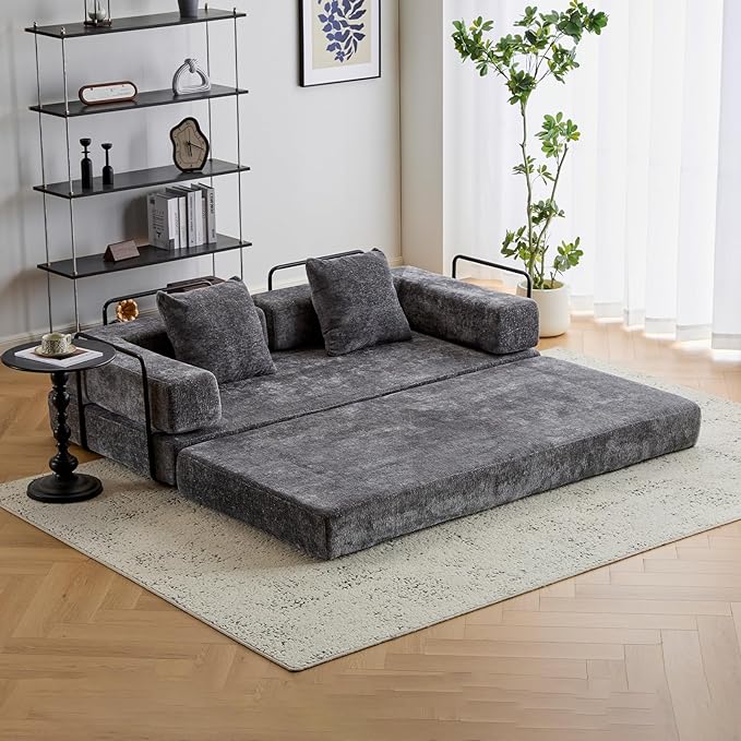 Folding Sofa Bed Modular Sectional Cloud Couch Convertible Sleeper Sofa Bed with Pillow Back Support Armrest for Living Room Bedroom Lounge No Assembly Required Chenille (Dark Grey)
