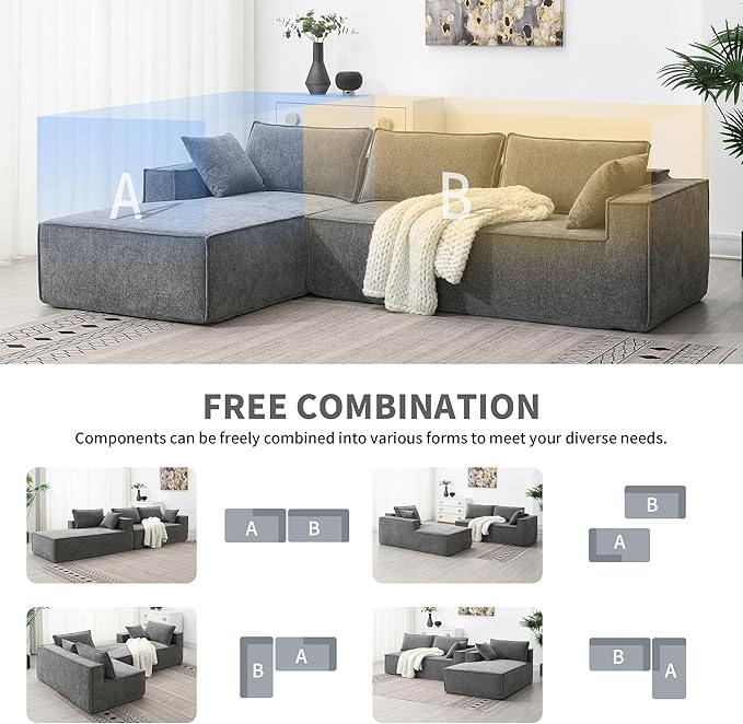 L-Shaped Corner Corduroy Sectional Sofa 4 Seat Modular Boneless Sofa Foam Cloud Couch with Movable Ottoman and Toss PillowsModern Deep Seat Convertible Chaise Sofa