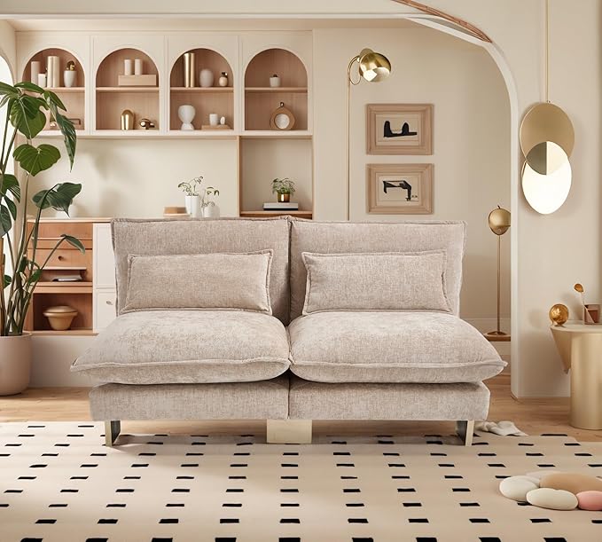 Small Modular Sofa Armless Loveseat Modern 2-Seats Mini Sofa Couch with Pillows Convertible Love Seat with Gold Legs for Small Spaces Living Room Oatmeal Chenille