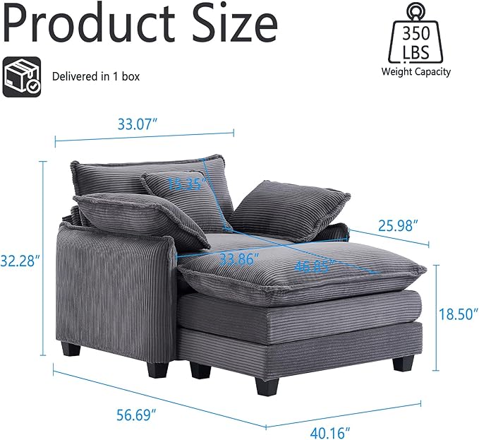 Oversized Chair with Ottoman Modern Corduroy Sofa Bed Single Sofa Chaise Large Upholstered Sofa for Living Room Bedroom (Grey)
