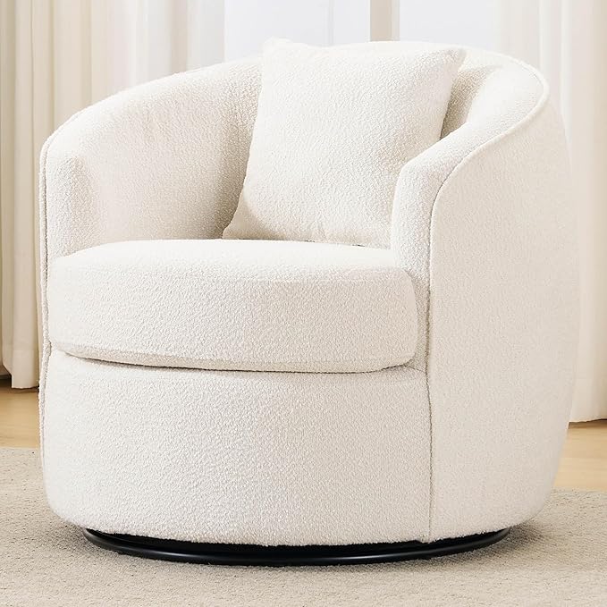 Swivel Barrel Chairs 32 Inches Wide No Assembly Round Upholstered Armchairs Accent Chairs Single Sofa Chair for Living Room (Cream Set of 1)