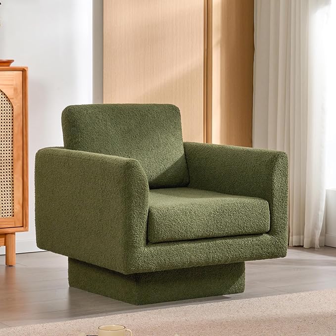 360° Swivel Modern Accent Chair 30 W Teddy Velvet Sherpa Fabric Armchair Thick Padded Upholstered Barrel Chair Comfy Lounge Sofa Reading Club Chair for Living Room Bedroom Nursery (Green)