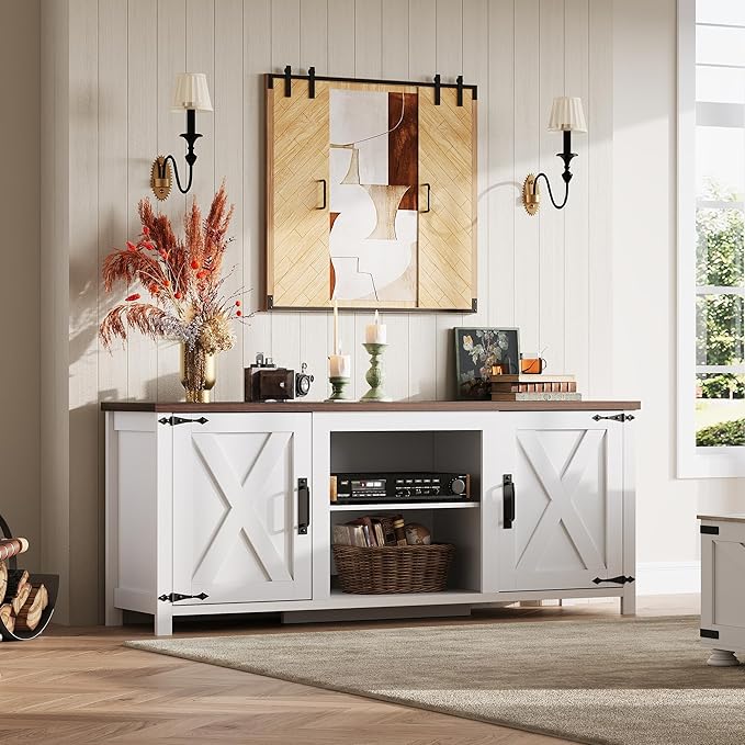 WLIVE Modern Farmhouse TV Stand for TVs up to 65 Entertainment Center with X-Shaped Barn Doors Large Storage Media TV Console with Adjustable Shelves &amp Cable Holes for Living Room White