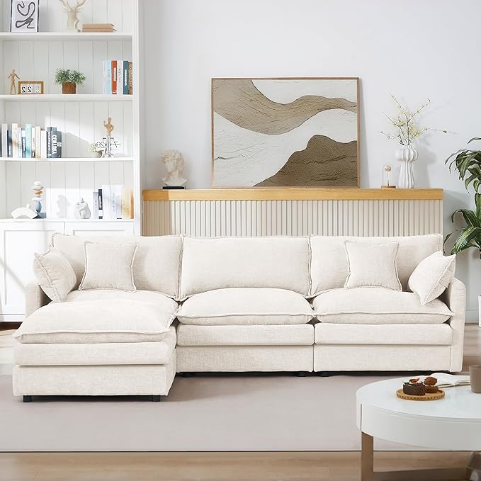 Beige Sectional Modular Sofa Cloud Couch 105 Modern Convertible L-Shape Sofa Deep 3-Seater Soft Chenille Comfy Upholstered with Removeable Ottoman Set and Removable Cushions for Living Room