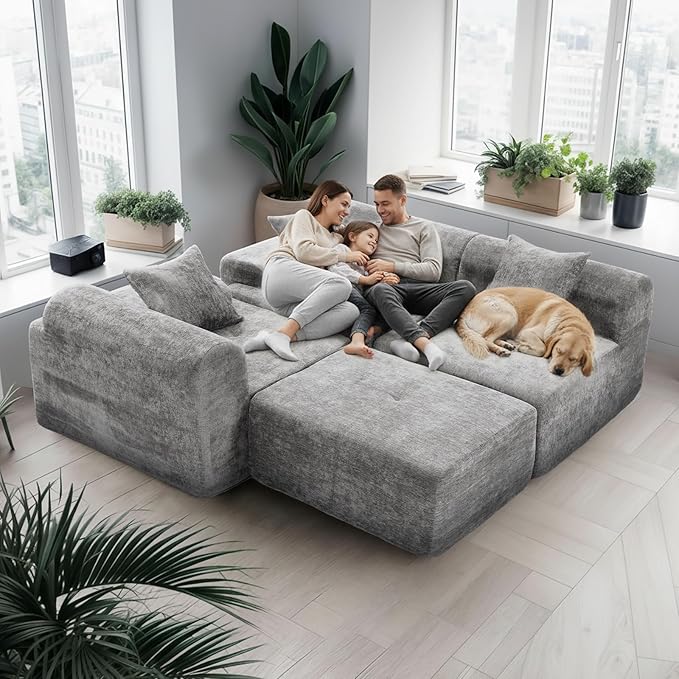 119 Modular Sectional Sofa Cloud-Style Chenille Couch with Deep Seats &amp Chaise No Assembly Compression Sectional with Throw Pillows for Living Room Apartment Bedroom Grey