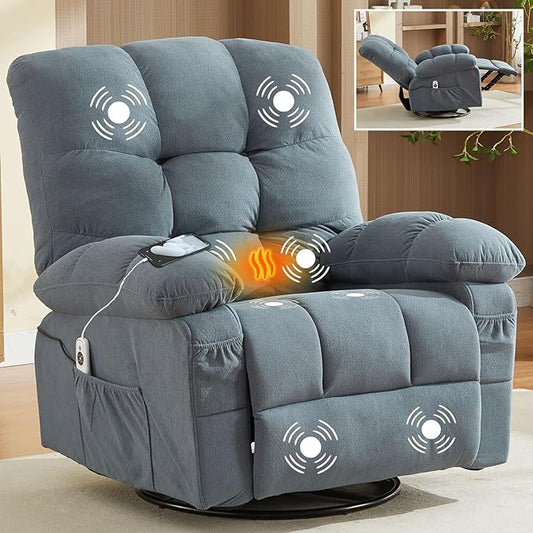 Oversized Recliner Chairs for AdultsSwivel Rocking Chair Recliner with Wide Arms&amp Backrest Fabric Reclining Chair with Pockets Lazy Boy Recliners for Living Room Bedroom (Blue1)