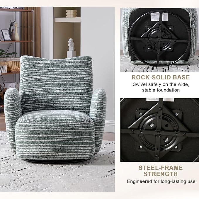 360° Swivel Accent Chair with Armrest Modern Striped Upholstered Lounge Chair Stable Round Base &amp Sturdy Metal Frame Armchair for Bedroom Living Room Office &amp Vanity (Mint Green)