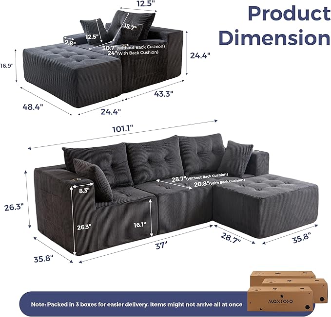 MAXYOYO Modular Sectional Sofa Couch and Chaise Lounge L Shaped Modern Cloud Couch with Ottoman Sofa in A Box Tufted Boneless Sleeper Chair for Living Room No Assembly Required Grey